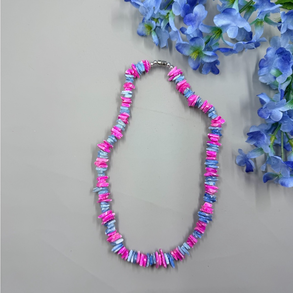 Pink and Blue Pooka Shell Vintage Beachy Beaded Necklace
